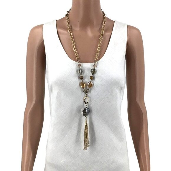 Long Tassel Necklace Gold Tone Glass Beads AB Beaded Adjustable Length Boho - Picture 2 of 2